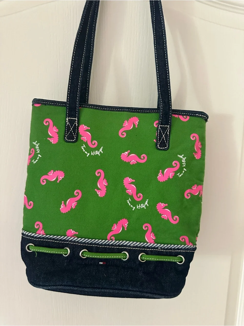Tommy Hilfiger Green Tote Bag with Pink Seahorse Print plus Free Belt